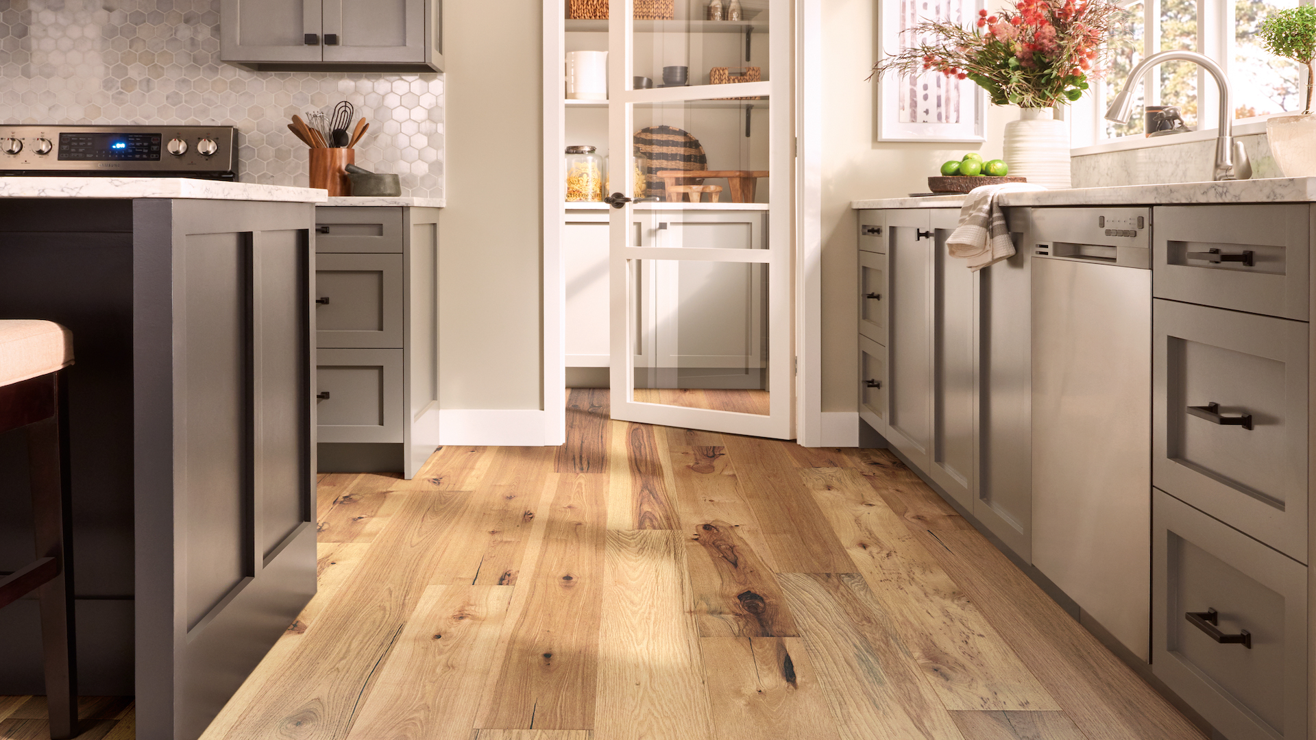 light engineered hardwood floors in a bright kitchen