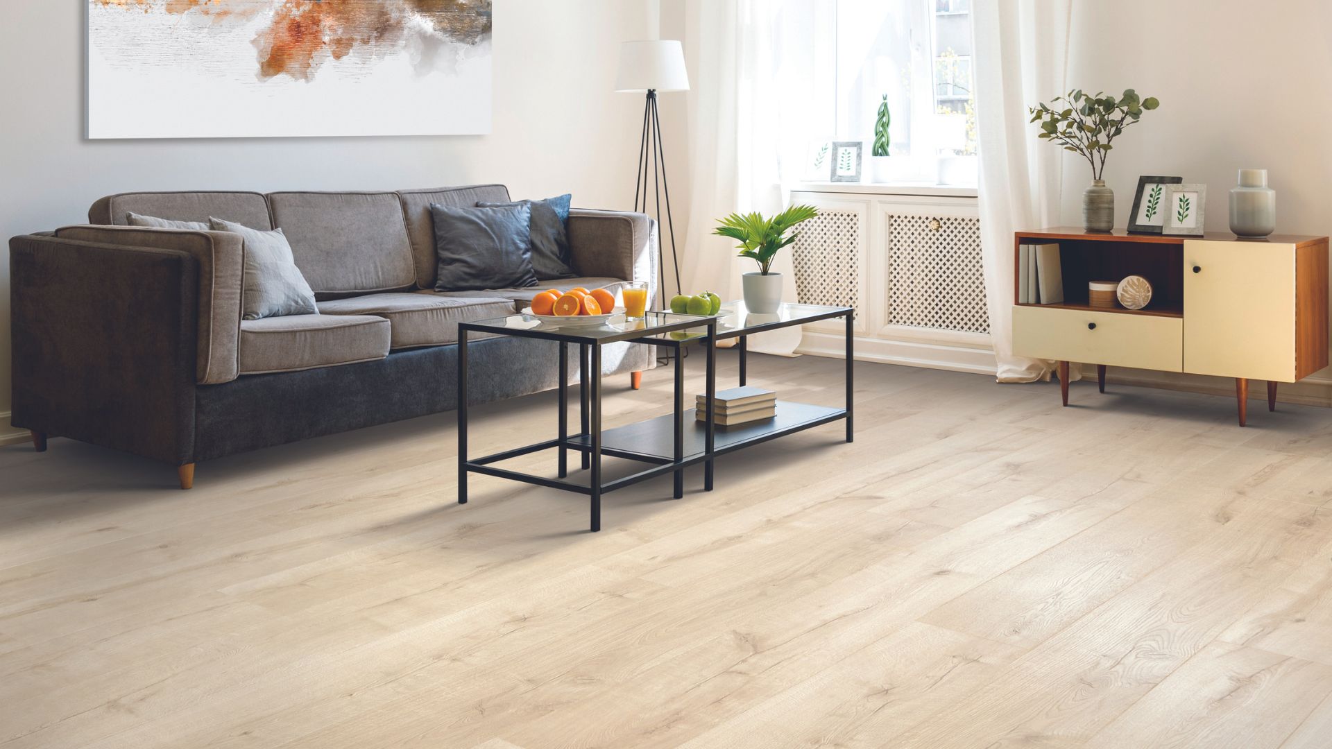 light tone wood look laminate floors in a bright living room