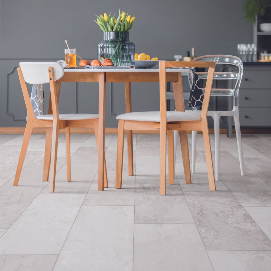 Tile floors in a dining room.